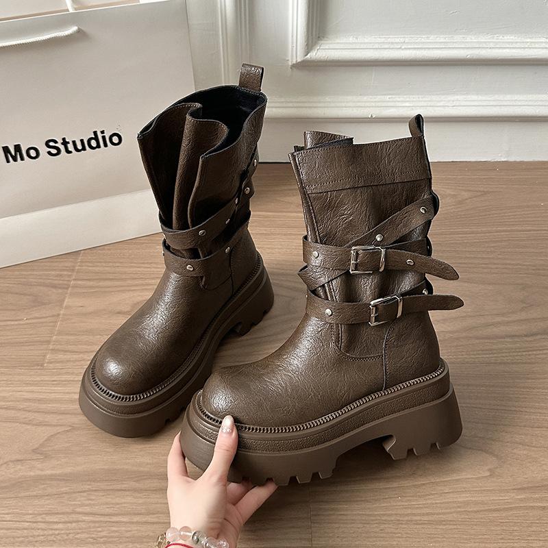 Huge Good-looking Belt Buckle Martin Boots Women's Autumn and Winter New Thick-soled Heightening Fashion Boots Short Knight Boots