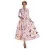Elegant Long Sleeve Pleated Banquet Dress Fashion Lady High Waist A-Line Dresses Temperament V-Neck Floral Printed Evening Dress