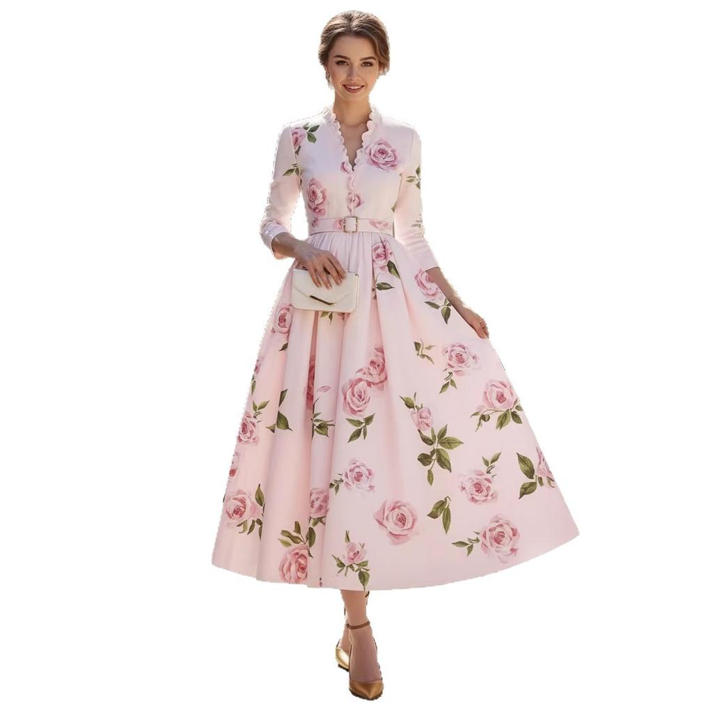 Elegant Long Sleeve Pleated Banquet Dress Fashion Lady High Waist A-Line Dresses Temperament V-Neck Floral Printed Evening Dress