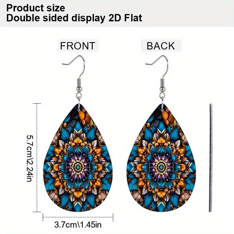 Charming Mandala Floral Black White PU Drop Dangle Earrings for women, Blue Orange Mandala Beach Theme Double Sided Hoop Earring