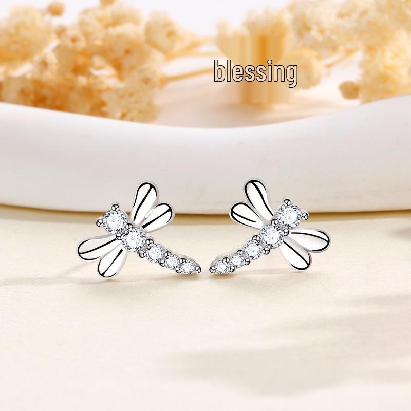 S925 Sterling Silver Korean Dragonfly Stud Earrings - Exquisite Minimalist Design for Women 925 Silver белого золота