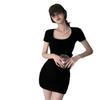 Pure desire style U-neck low-cut T-shirt hip skirt black dress women's solid color sexy short skirt slim and thin bottoming skirt