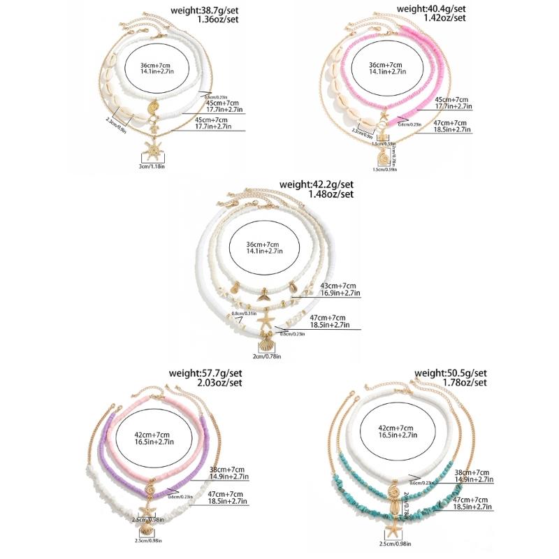 Pack of 3pcs Ocean Inspired Shell Bead Necklaces Layered Neckchain Adjustable with Unique Accents for Women And Girls