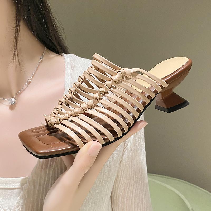 

Fashion New Style Fashion Women s Summer Square Head Knitted Open Toe Leather Sheepskin High Heel Large Size Slippers Zapatos Mujer 35 абрикосовый