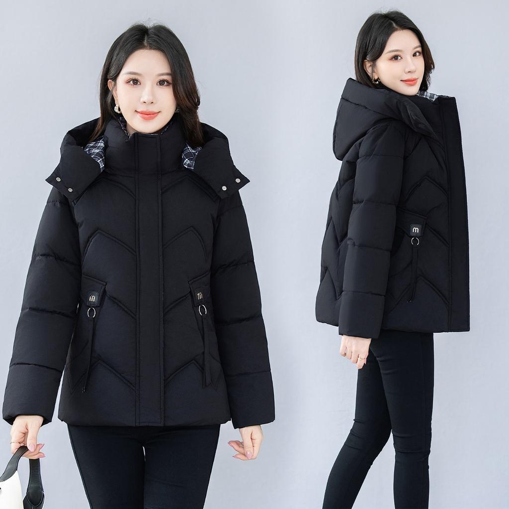 XL fattened large size plaid splicing hooded down cotton-padded jacket women's new loose cotton-padded jacket thickened cotton jacket