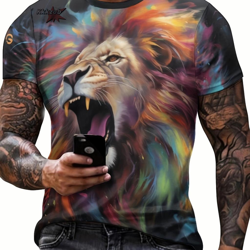 Bella T-shirt da uomo a maniche corte con scollo rotondo, stampa 3D con leone, moda casual da strada, taglia grande, T-shirt sportiva