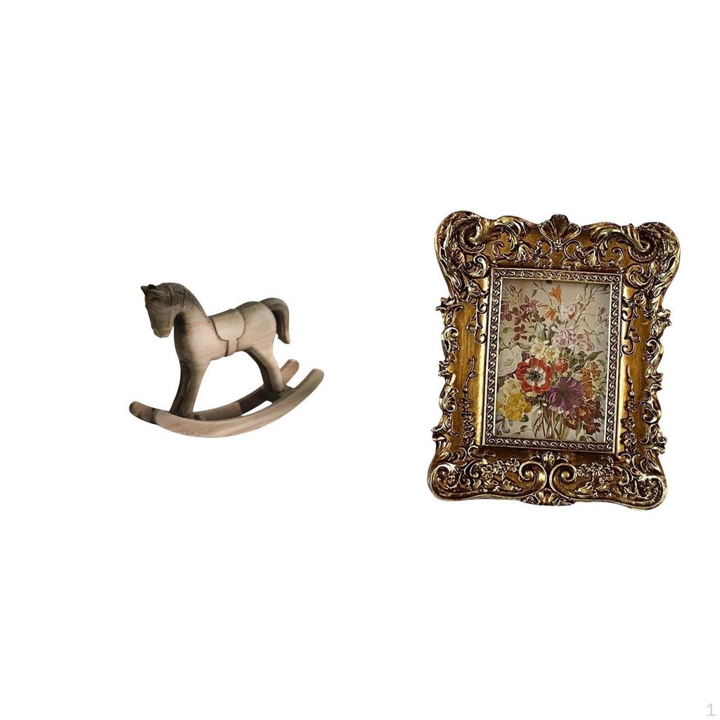 Retro Floral Wood Sculpture Photo Frame Ornament Artistic Hand Carved Horse Figurine Antique