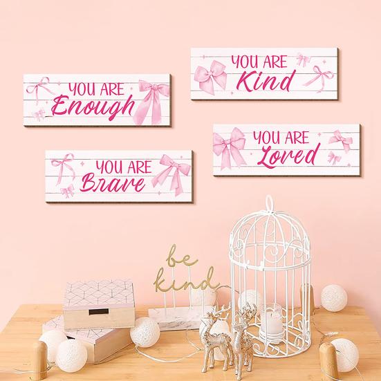 Pink Bow Inspirational Wall Decor Positive Affirmations Wall Art Wooden Hanging Plaque Sign for Teen Girls Room Nursery Bedroom Decor