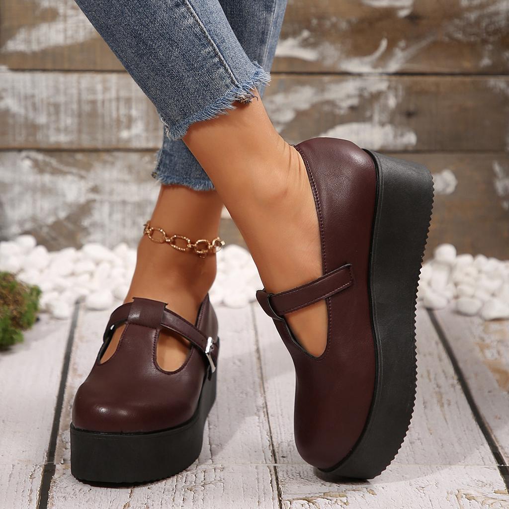 Fashion Women's round-toed sloping heel soft-soled leather shoes, spring and autumn thick-soled sponge cake shallow single shoes