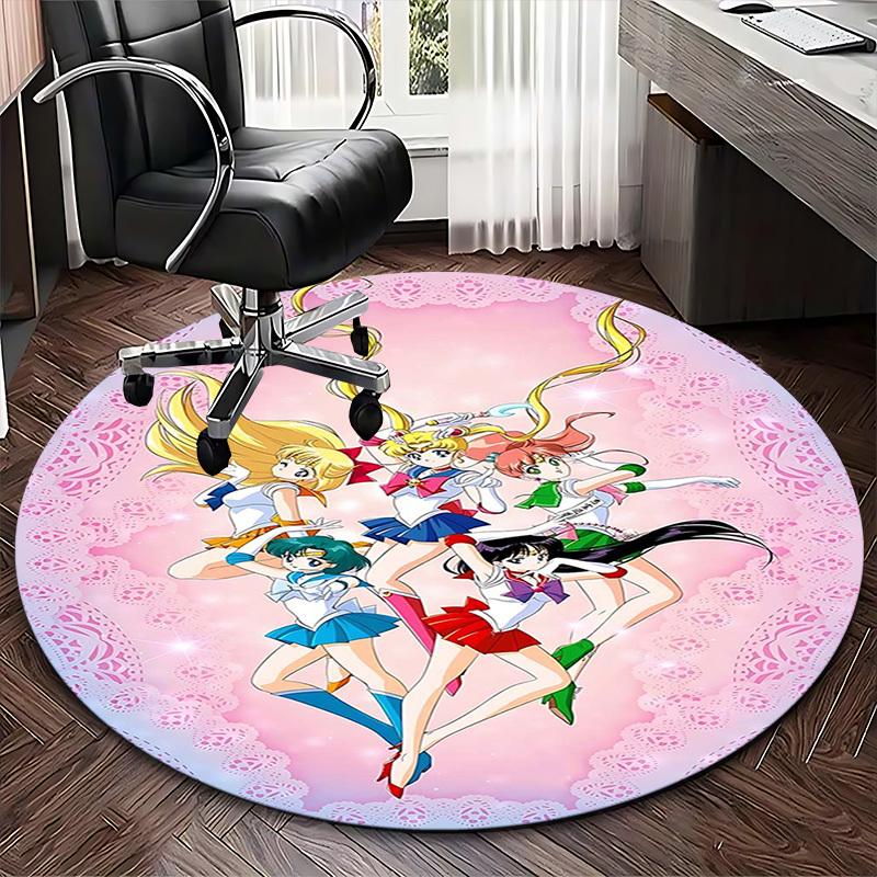 1pc Sailor Moon Anime Cartoon Design Round Carpet Office Chair Mat, NonSlip Rug for Home Decor, Living Room, Bedroom