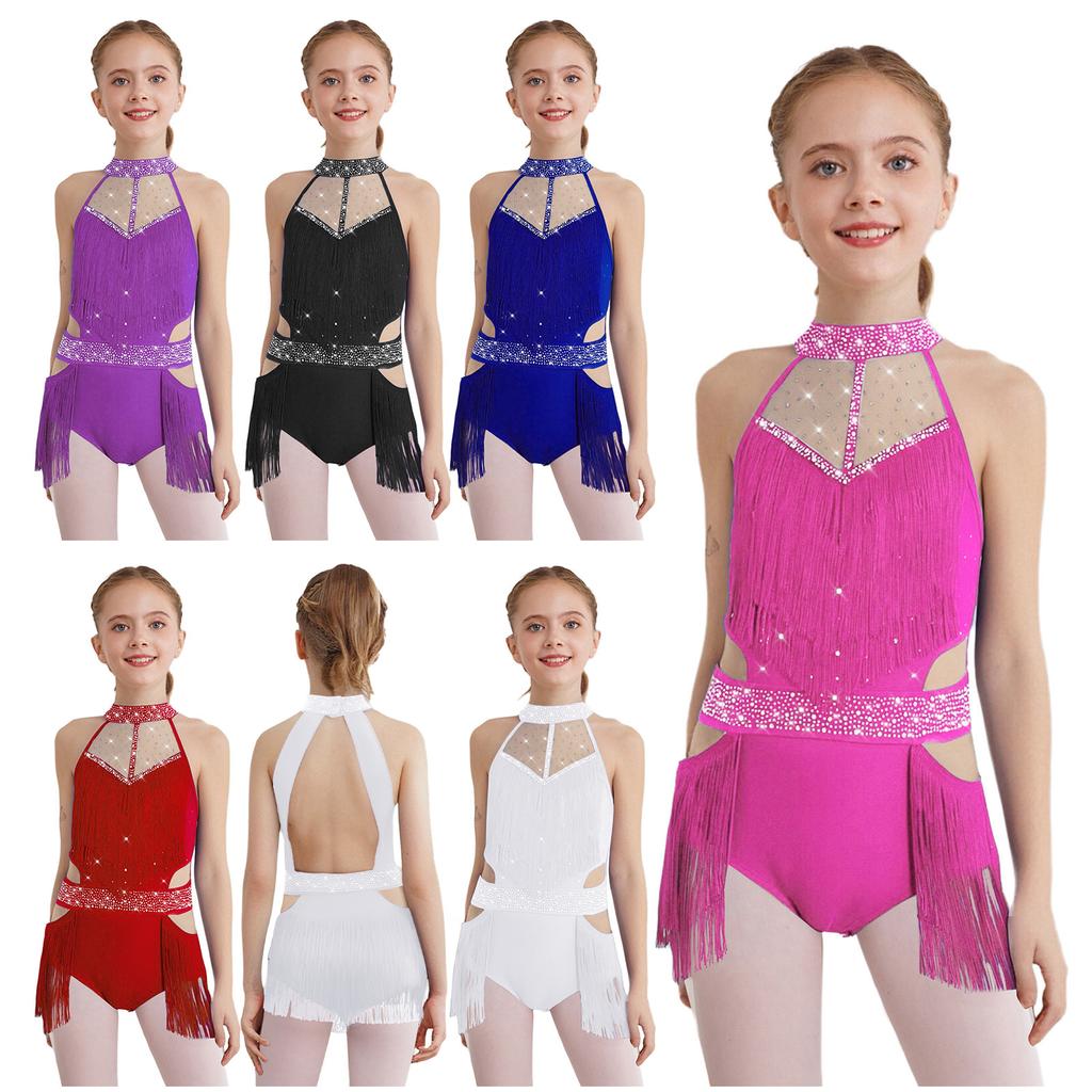 Girls Latin Dance Bodysuit Sleeveless Cutout Back Design Sheer Mesh Patchwork Shiny Rhinestones Tassel Leotard