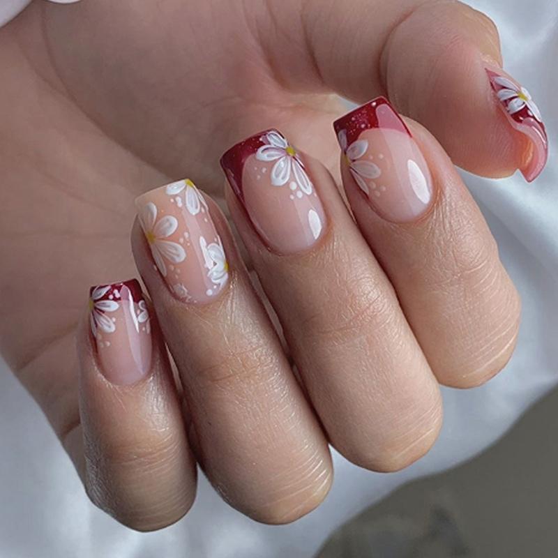 24 Pcs Flowers Artificial Nail French Tip Press On Nail Short Square Stick On Nail Glossy False Nail for Party