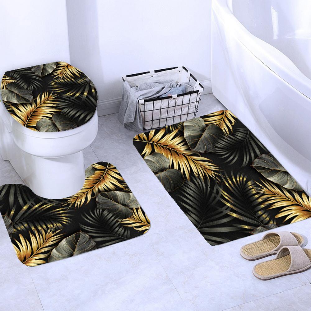 Black and Gold Tropical Plant Palm Leaf Bathroom Shower Curtain Set for Bathtub Exotic Leaves Bath Mats Rugs Toilet Home Decor