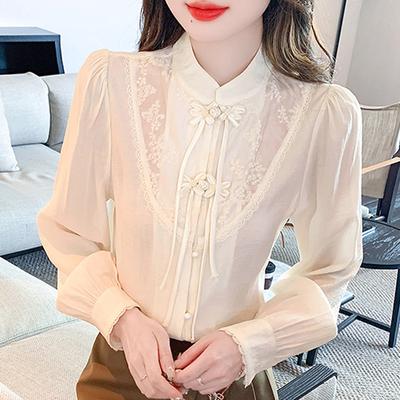 Chinese Style Fashion Autumn New 2024 Long Sleeve Stand Collar Lace Chiffon Blouse Shirt Women Tops Blouses Shirts J434