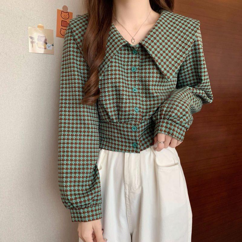 Houndstooth Doll Collar Shirt for Women Spring New Design Niche Shirt Long-sleeved Retro Short Top