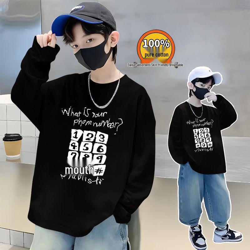 Trendiges Herbst-Baumwoll-Langarmshirt für Jungen - Lässiger lockerer Schnitt mit stylischem Buchstabenaufdruck