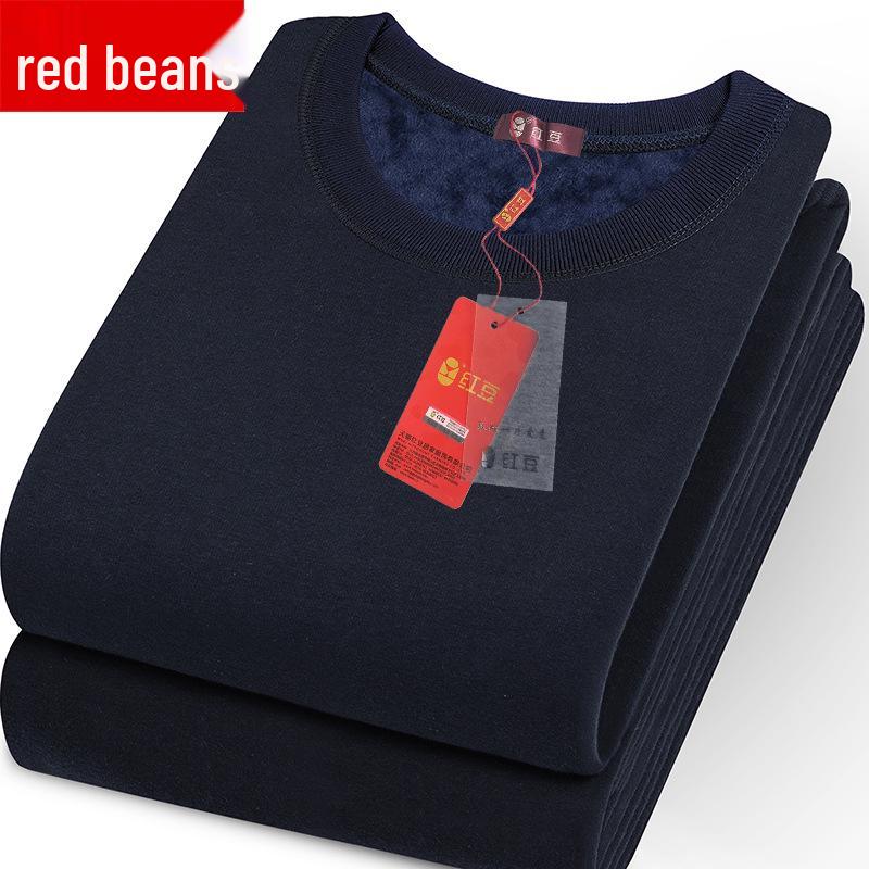 Men's Red Bean Warm Underwear Set: Plus Velvet Mid-Neck Top & Pants, Cotton Wool Sweater for Autumn/Winter