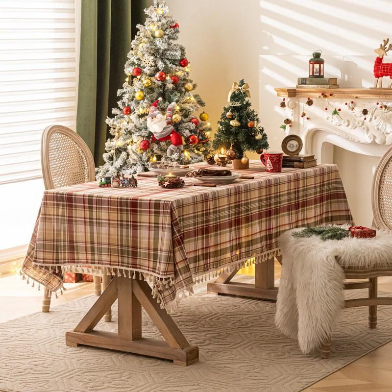 Retro Plaid Tablecloth With Tassel Trim Thick Stain Resistant Cotton Linen Dining Table Living Room Decor