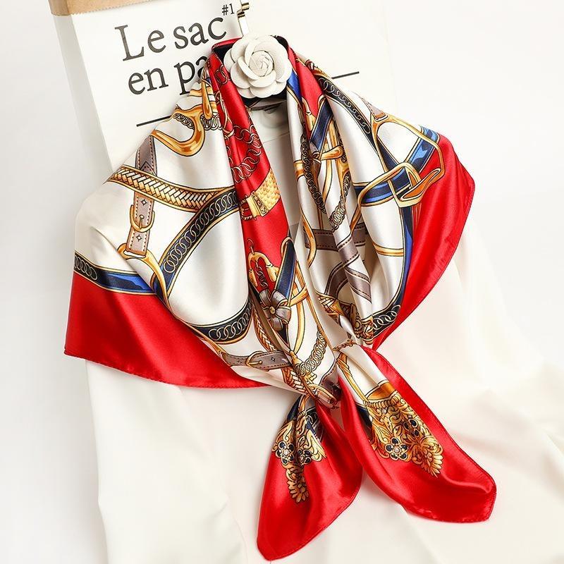 1Pc Women Silk Scarf Square  Design Brand Headband Female Satin Hijab Shawl Wrap Kerchief Chain Print