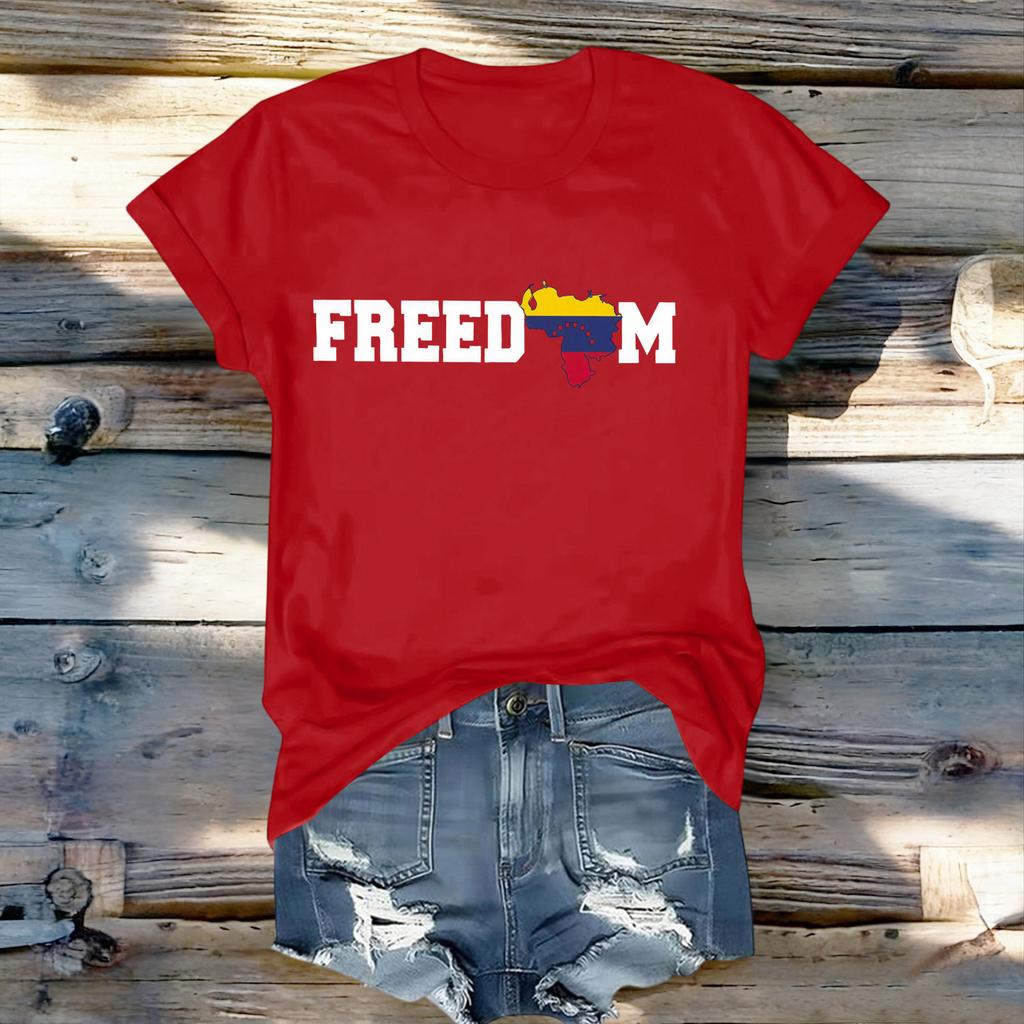 Women's Fashionable Round Neck Casual Retro Print Short Sleeved T-shirt Top