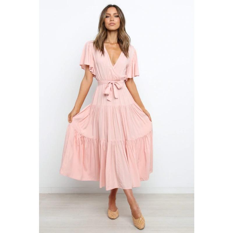 New v-neck commuter solid color short-sleeved waist dress, bohemian dress