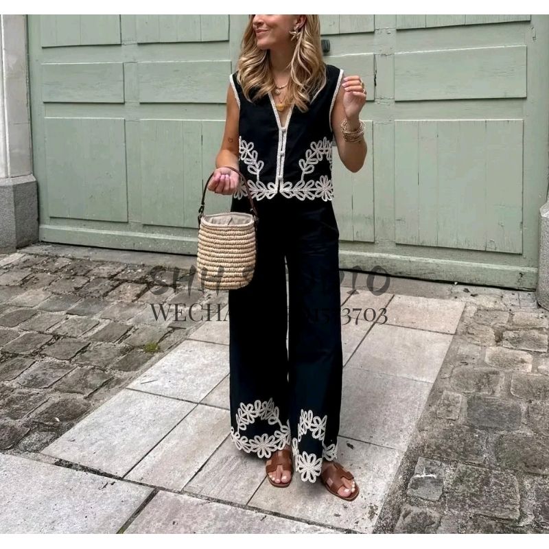 Spring New Design Sense Retro Short V-neck Embroidered Vest High Waist Wide Leg Casual Embroidered Trousers