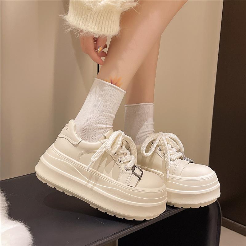 2025 Metal Buckle Leather Big Head Lace-up Thick-soled Muffin Bread Shoes Casual Board Shoes Small German Training Women's Shoes