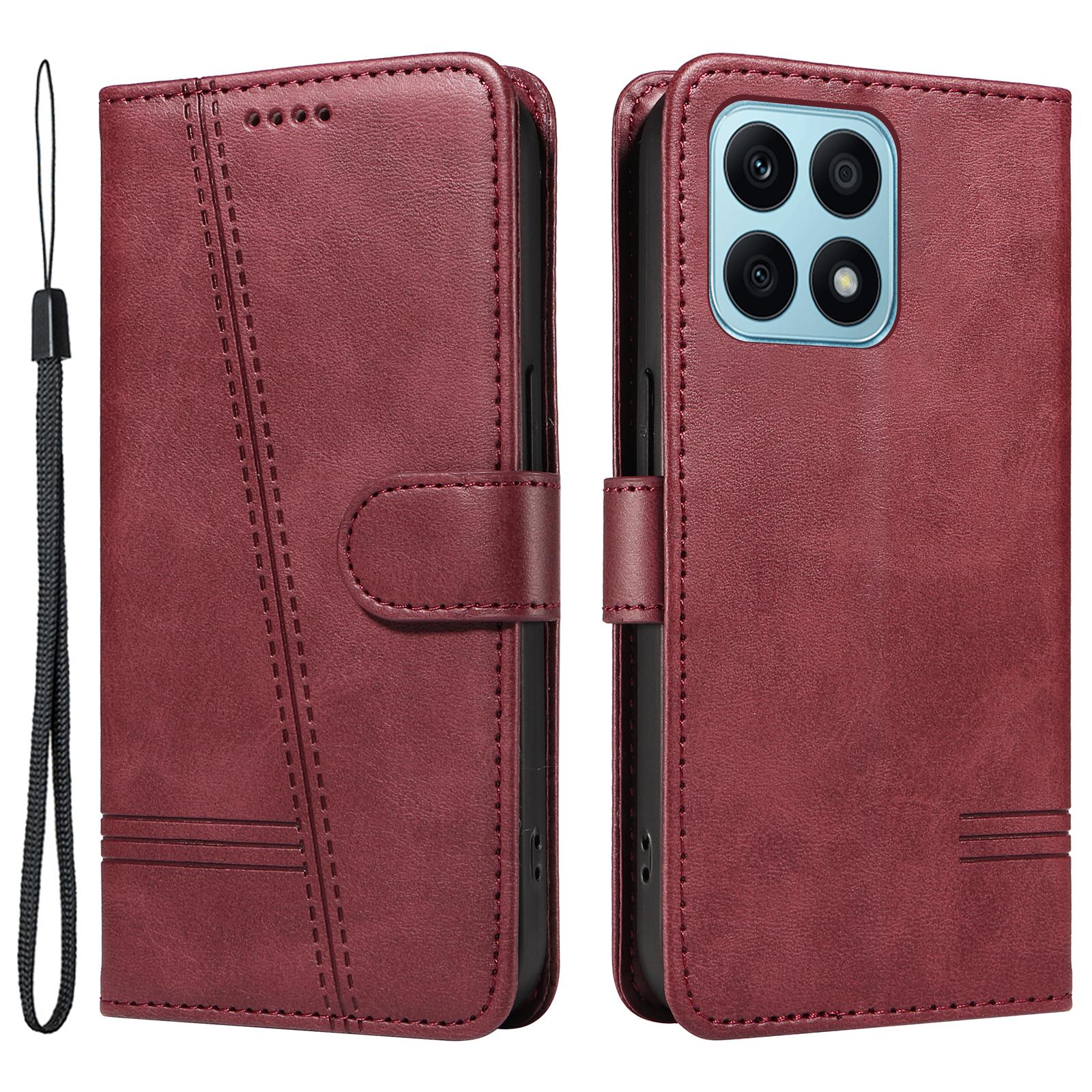 

For Honor X8b 4G Case Wallet Imprinted Line PU Leather Flip Phone Cover with Wrist Strap Wine Red