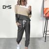 2 Pcs/Set Women Top Pants Suit Round Neck Long Sleeves Colorblock Sport Sweatshirt Drawstring Elastic Waist Trousers Fitness Outfit Fall Spring