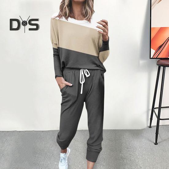 2 Pcs/Set Women Top Pants Suit Round Neck Long Sleeves Colorblock Sport Sweatshirt Drawstring Elastic Waist Trousers Fitness Outfit Fall Spring
