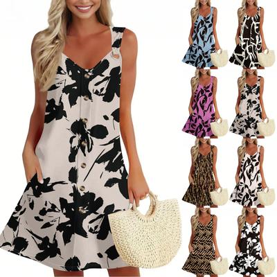 Women's Summer Dress With Pocket Sleeveless Floral Print Sundress