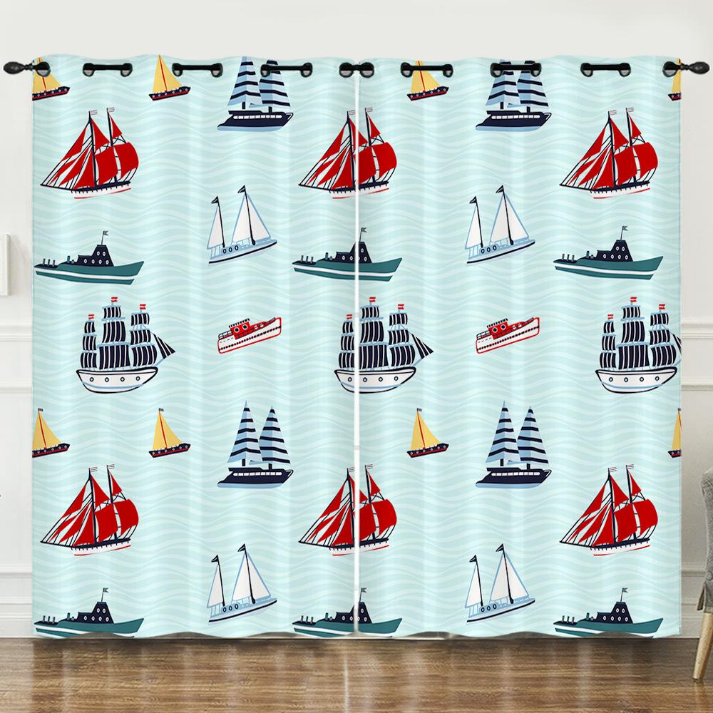 Curtains Cartoon Sailing Digital Printing Blackout Curtains Bedroom No Punching