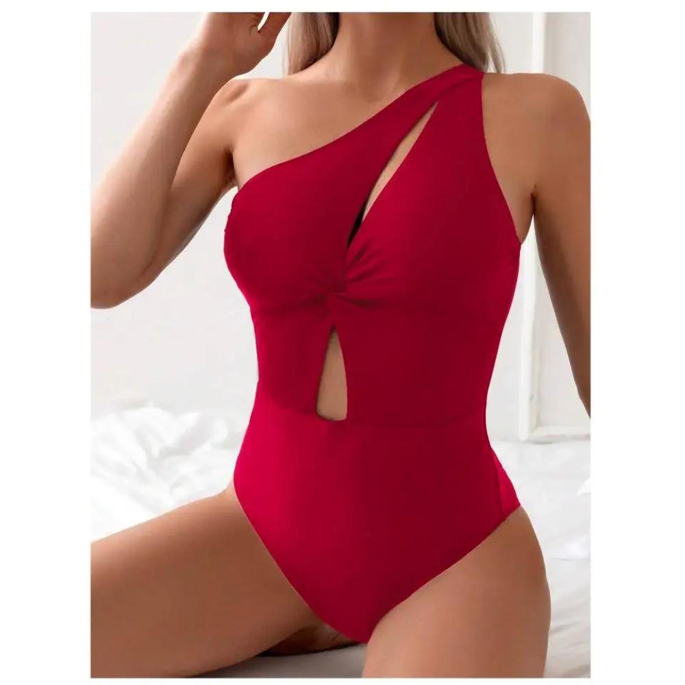 

One-Shoulder Swimsuit Sleeveless Hollow Out One-Piece Solid Color Solid Color Summer Beach Swimwear Bathing Suit For Wome XXL червоний