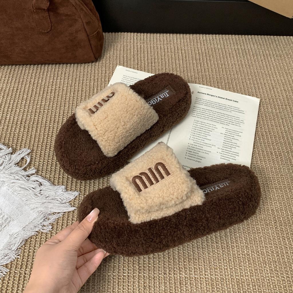 Black retro non-slip thick-soled fluffy slippers for women's outer wear 2025 new autumn and winter versatile soft-soled one-word drag shoes