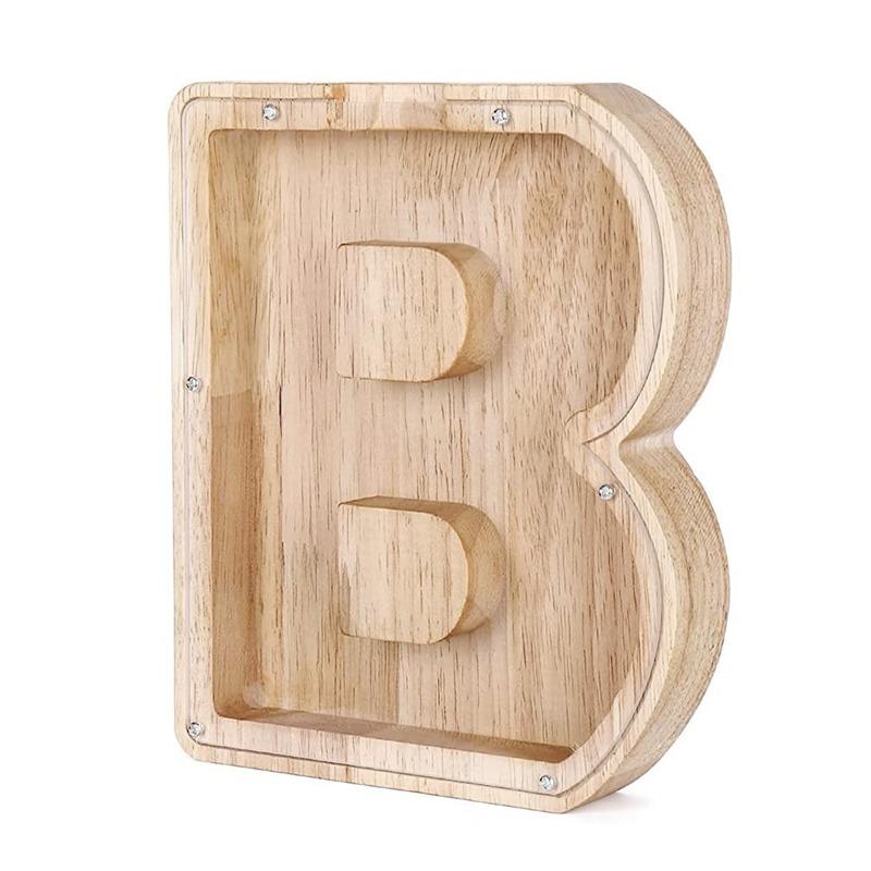 18cm Twenty-six Letter Piggy Bank Wooden Coin Money Saving Box Jar Coins Storage Box Desktop Ornament Home Decor Craft Xmas Gift