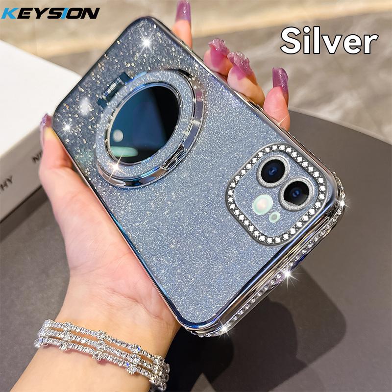KEYSION Luxury Glitter Jewelled Magnetic Phone Case for iPhone 11 12 Pro Max Makeup Mirror Ring Stand Shockproof Back Cover