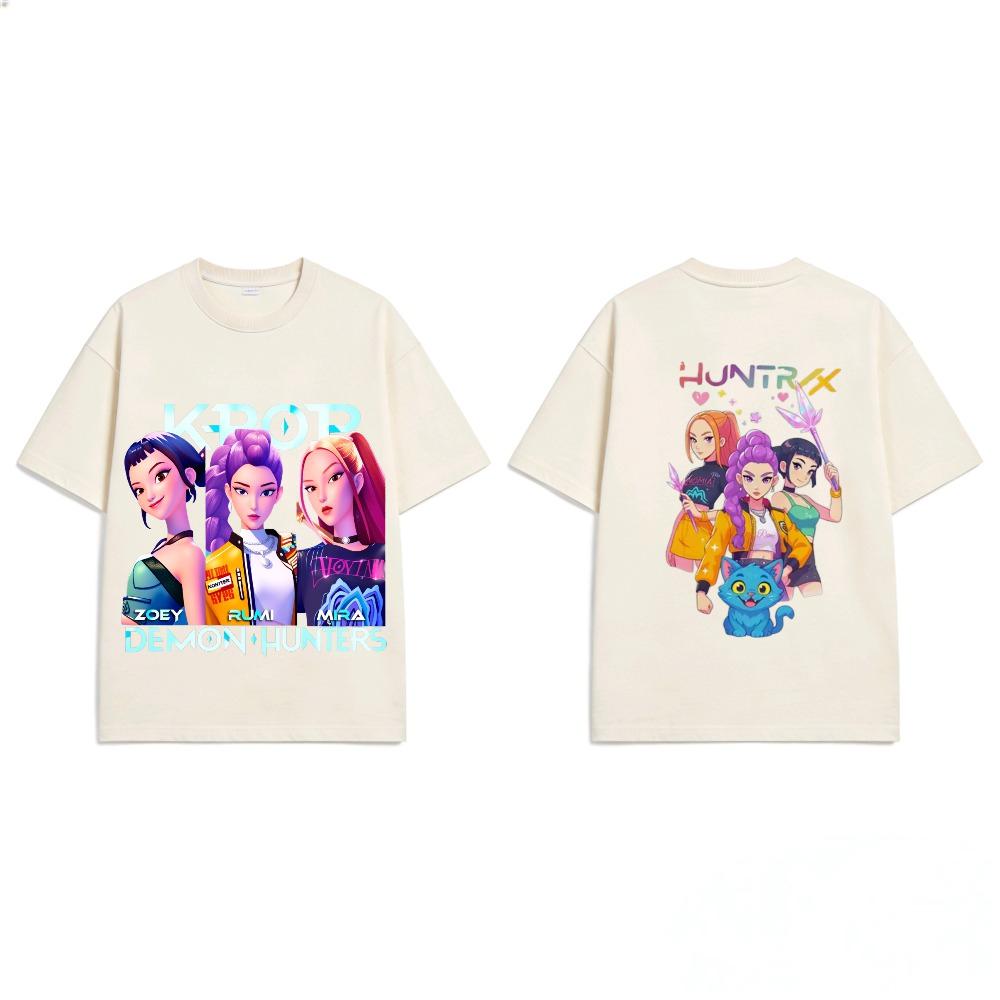 Kinder Kurzarm T-Shirts Stoff Huntrix KPOP Dämonenjäger Cartoon Kostüm Kleinkind Doppelseitiger Druck T-Shirt Baby Mädchen Jungen Stoff