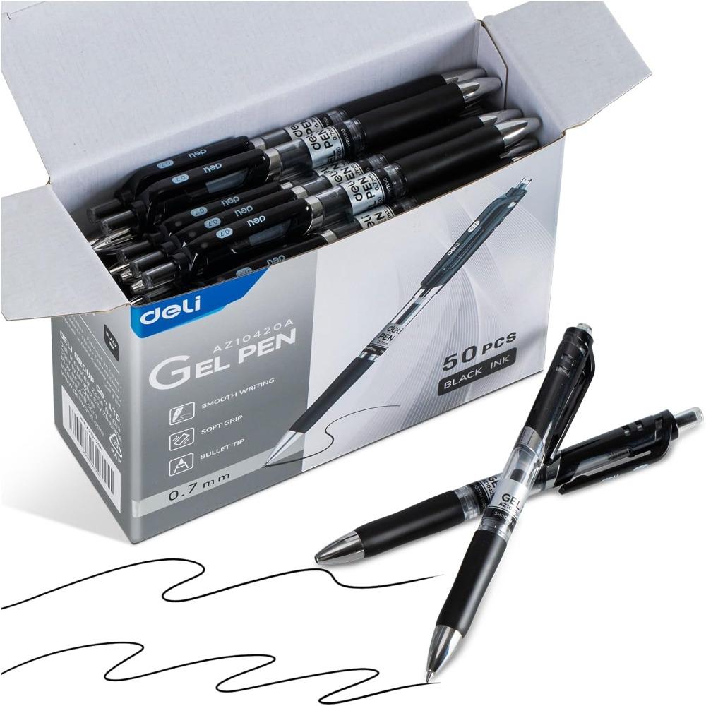 deli Gel Pens, 50 Pcs Retractable Pens Black Ink, Medium Point Pen 0.7mm, Smooth Writing, Fast Dry, No Bleed