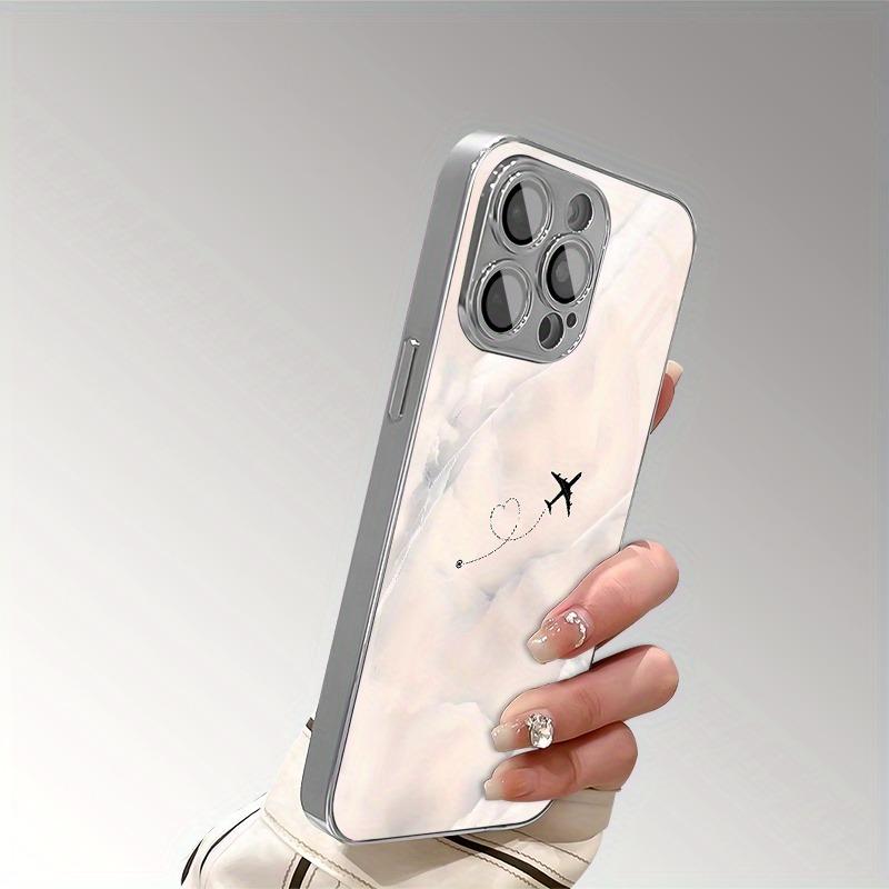 Travel Plane Love Heart Pattrn Tempered Glass Electroplated Silver Phone Case For Samsung Galaxy S25 S24 S23 Ultra Plus FE Cover