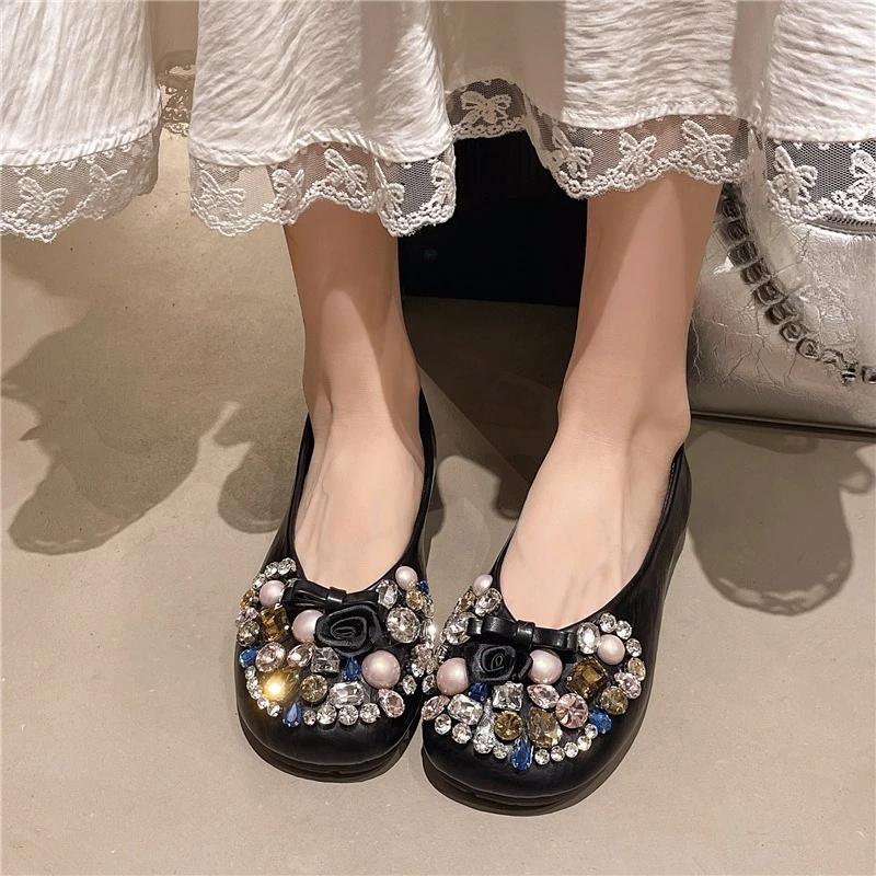 Fashion Flat Single Shoes Autumn New Round Toe Shallow Mouth Slip-on Rhinestone Bow Non-Slip Low Top Shoes