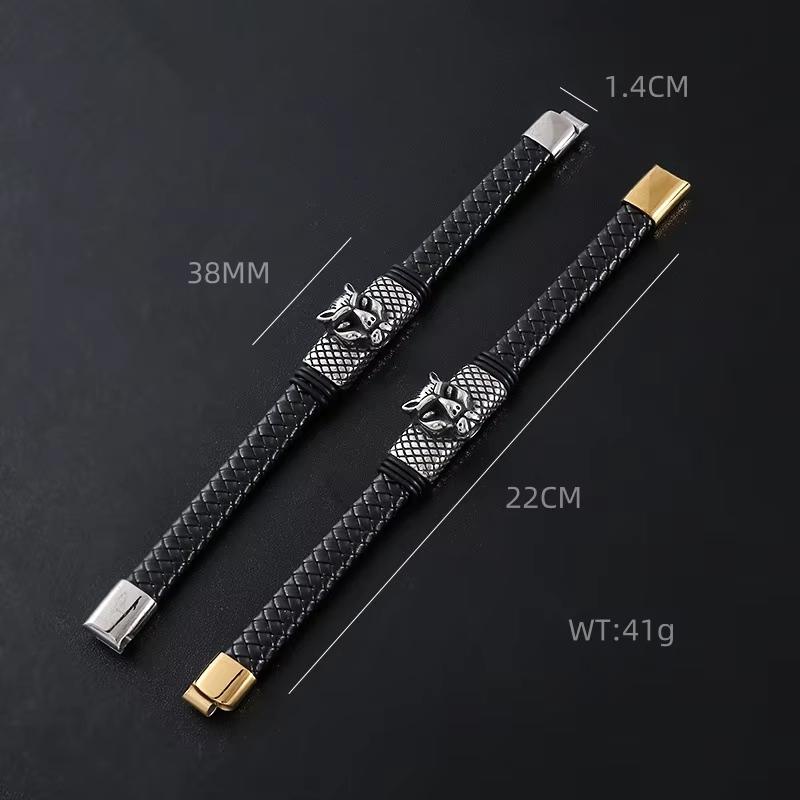 Punk Vintage Gothic Leopard Leather Braided Stainless Steel Fashion Jewelry Bracelet Bangle for Men Magnetic Clasp
