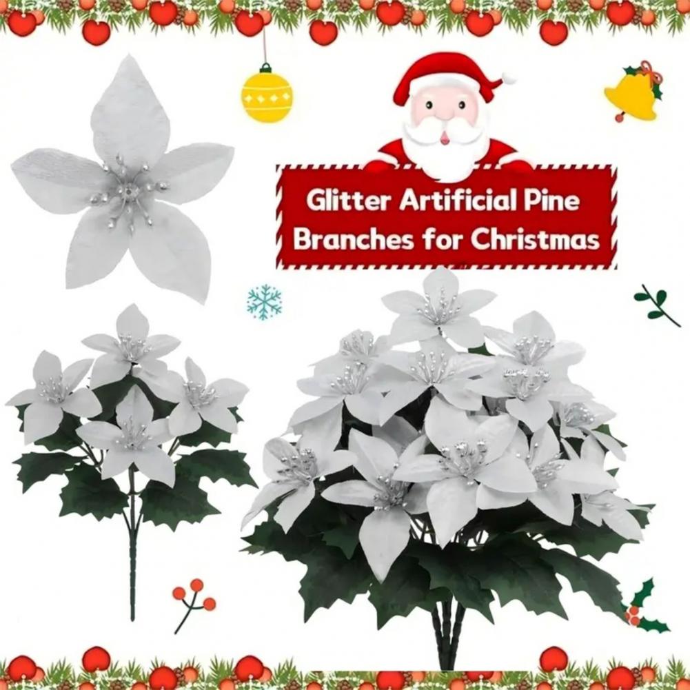 4 Fork Simulated Flowers Simulation Flowers Decor Elegant Artificial Poinsettia Bouquet with Green Leaves Uv Resistant for Home