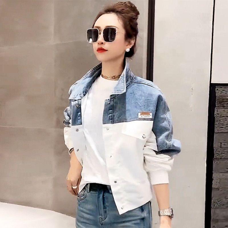 Giacca in denim alla moda da donna con colori a contrasto, cappotto patchwork primaverile-autunnale