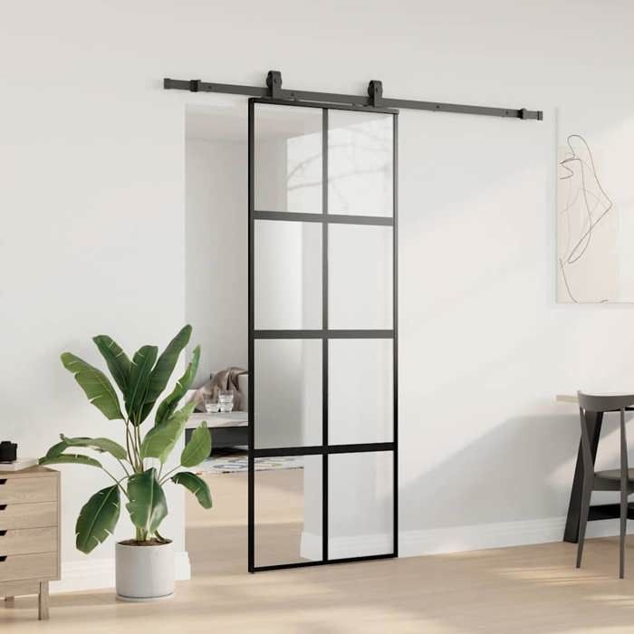 VidaXL Porte coulissante kit quincaillerie noir 76x205 cm verre trempé, porte intérieure, porte de grange intérieure, porte 3375892