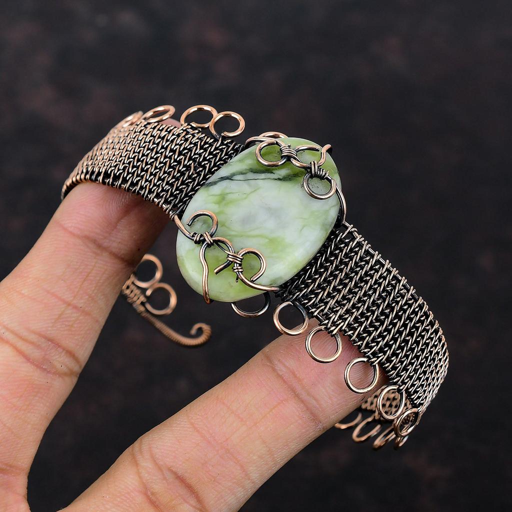 Green Aragonite Copper Bangle Copper Wire Wrapped Gemstone Jewelry Adjustable Cuff Handmade Jewelry Wire Wrapped Cuff Bracelet Gift For Her