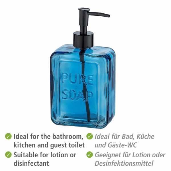 Wenko distributeur de savon liquide "pure soap", capacité 550 ml, distributeur de savon liquide en verre, 9,5x20x6 cm, bleu
