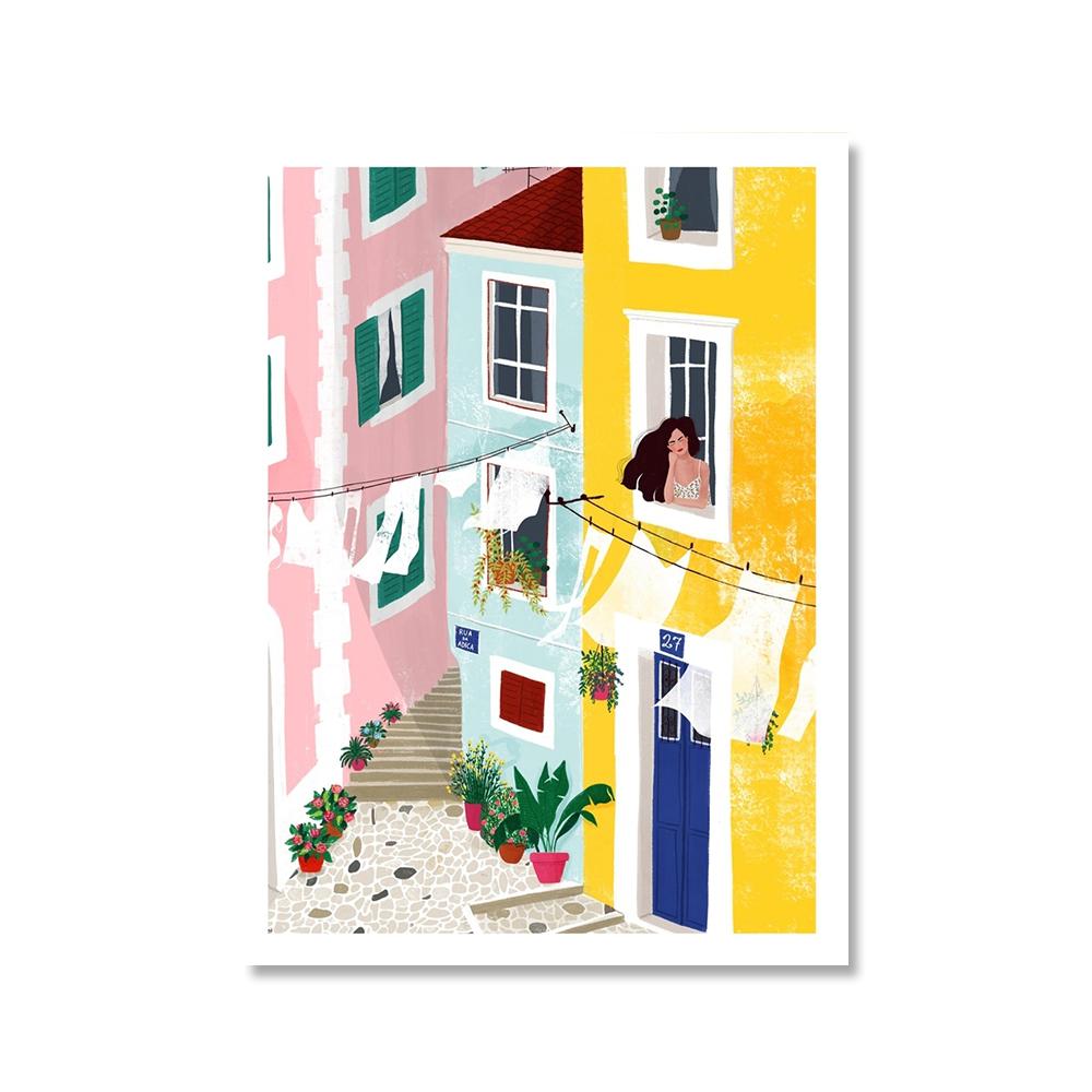 Lisbon Plant Girl Illustration Canvas Painting Wall Art Architecture Cat Woman Posters Gift Travel Print Picture Home Decoration
