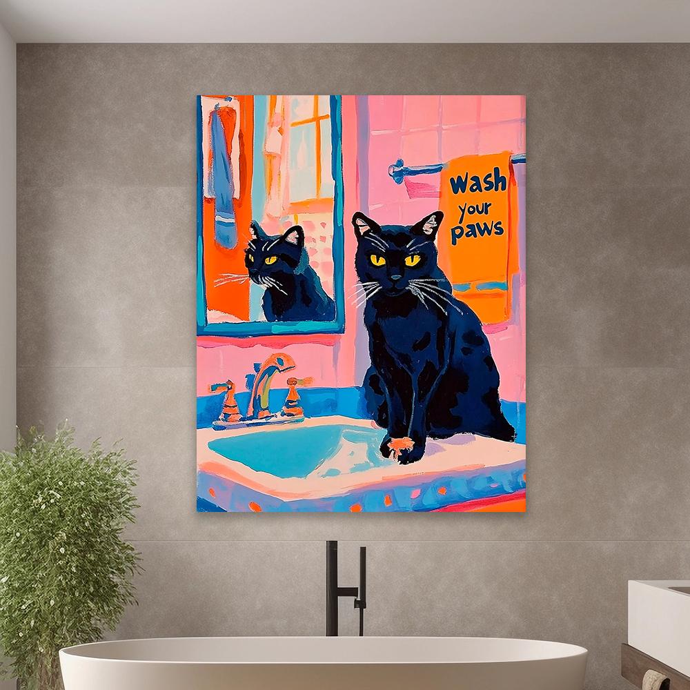 Maximalist Bathroom Cat Art Poster Wash Your Paws Quotes Prints Trendy Cat Poster Colorful Bathroom Art Canvas Painting Decor