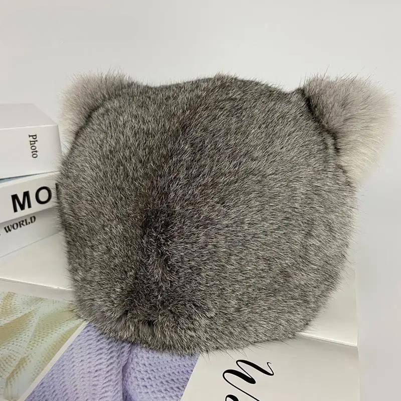 New Bunny Ears Hats Women Winter Warm Outdoor Snow Cap Natural Rabbit Fur Fluffy Caps