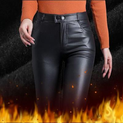 2023 Women's High Waist Leather Base Layer Pants - Autumn/Winter Korean Style, Slimming & Thickened